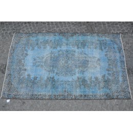 Blue Handmade Vintage Overdyed Turkish Carpet