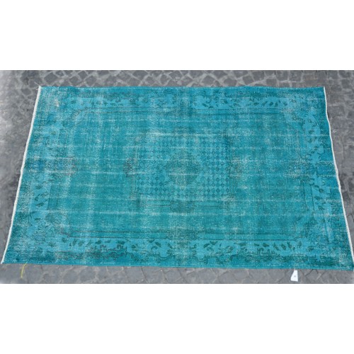 Green Handmade Vintage Overdyed Turkish Carpet