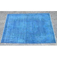  Blue Handmade Vintage Overdyed Turkish Carpet
